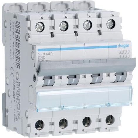 Hager – Disjoncteur tétrapolaire 40A – 4 modules – Courbe C – Pouvoir de coupure 10kA – Bornes alignées à vis – Pour circuits 380V