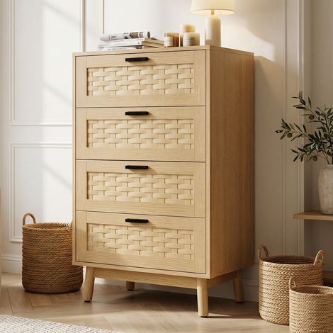 Commode en rotin et bois avec 4 tiroirs,buffet, meuble de rangement,couleur chêne,chambres, les salons ou les couloirs (1/5)