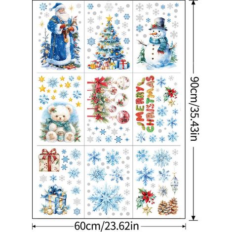 Autocollant statique pour vitre, décoration de fête, motif Père Noël bleu, ours, bonhomme de neige et flocon de neige - JTSKJD2342DS -