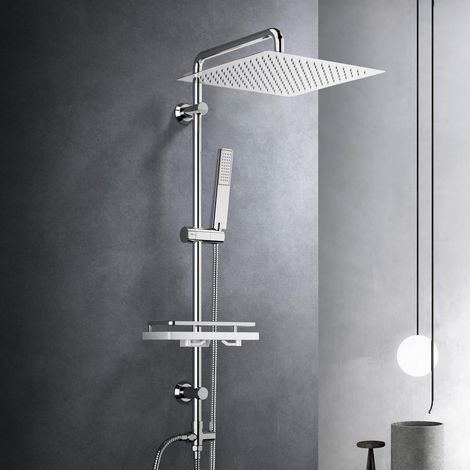 Görbach Colonne de douche chromée adaptable aux installations existantes, douche pluie carrée XXL 30 x 30 cm avec tablette intégrée (1/5)