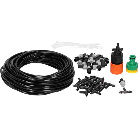 Système d'arrosage brumisateur 15 m pour jardin, kit de micro-irrigation avec buses de brumisation, refroidissement extérieur. (1/5)
