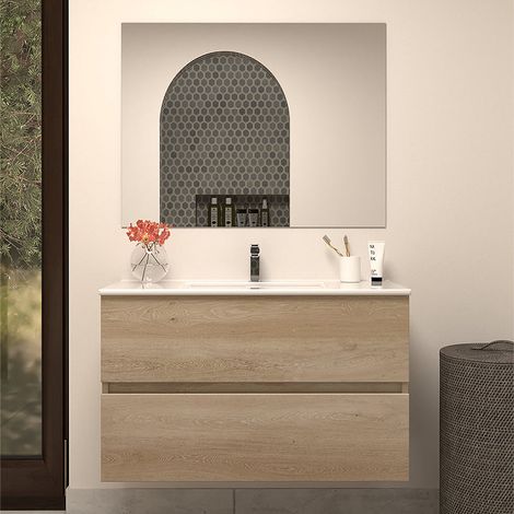 Meuble de salle de bain 70cm simple vasque - 2 tiroirs - nebraska (chêne clair) - IDA