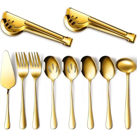 Ensemble 10 couverts service inox : cuillère, écumoire, fourchette, pince, soupe, pelle à tarte – finition dorée