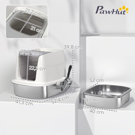Bac à litière chat inox fermé, caisse toilette métal avec pelle, sac désodorisant, entrée/sortie, anti-odeurs. (1/5)