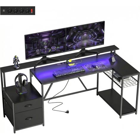 Bureau gaming d'angle avec hub de charge lumieres LED et support ecran en bois et acier 192,5x80x86,5 cm Noir