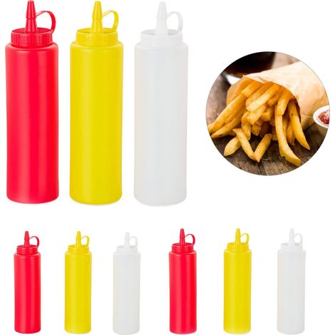 Bouteille à sauce, lot de 9, rechargeable, 400 ml, squeeze bottle, récipient plastique, rouge/jaune/blanc (1/5)