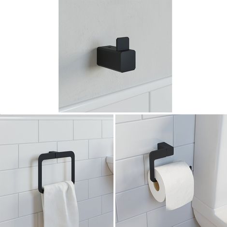 Bathroom WC Set Towel Ring Toilet Roll Holder Robe Hook Black Square Wall Mount (1/5)