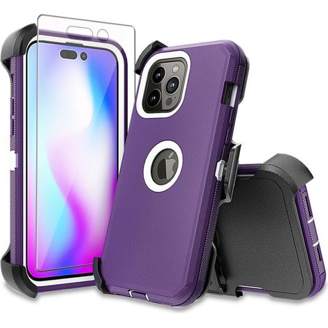 Custodia Xhy per iPhone 14 Pro: custodia in pelle con clip da cintura + protezione per schermo e obiettivo, protezione antiurto 3 in 1 di livello militare – Viola/Bianco (1/2)