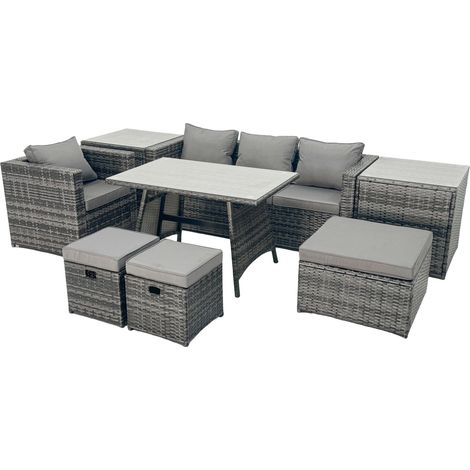Fimous Rattan Dining Table Sofa Armchair Set with 2 Side Tables 3 Footstools Outdoor Garden Furniture Set Dark Grey Mixed (1/5)