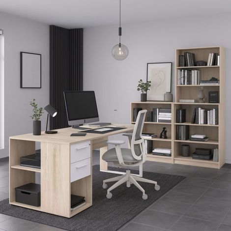 Conjunto Muebles de Oficina Veltis, Escritorio, Cajonera, Estantería Baja y Alta Color Blanco y Roble Japonés