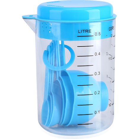 Lot de 7 tasses et cuillères doseuses en plastique bleu pour thé café cuisine
