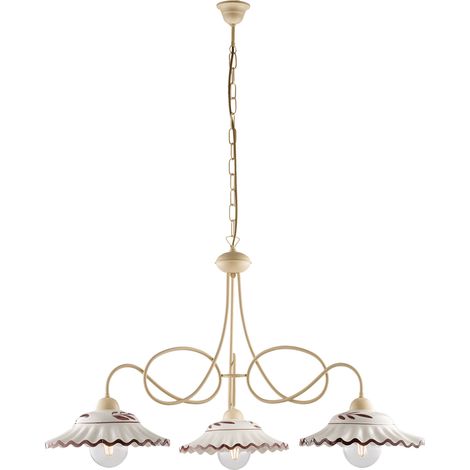 Lampadario in ferro laccato avorio e decorazione effetto decapè con diffusori in ceramica diametro 30 bianco e marrone 3 luci (1/3)