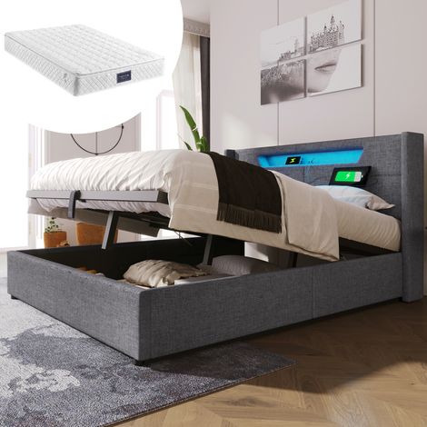Letto matrimoniale imbottito moderno 160x200 cm grigio in lino con testiera LED, USB-C, vano contenitore, rete e materasso (1/5)