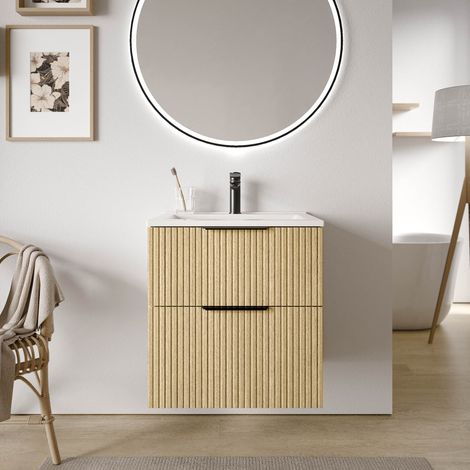 Waschtischunterschrank Bernstein TIM 60 cm mit Waschbecken Badmöbel: Eiche Nebelgrau profiliert, Metallgriff: Chrom