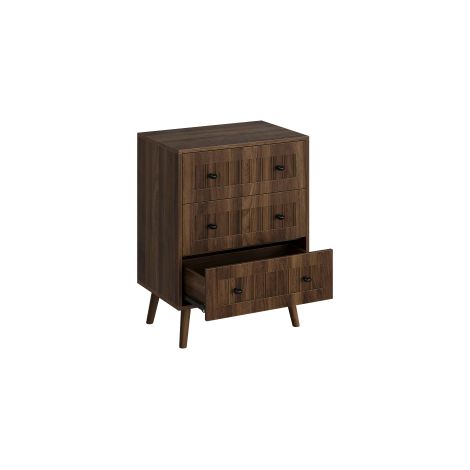 Commode 3 tiroirs à façade ajourée effet noyer foncé, boutons noirs et pieds en bois coniques, meuble de rangement polyvalent pour salon et entrée (1/5)
