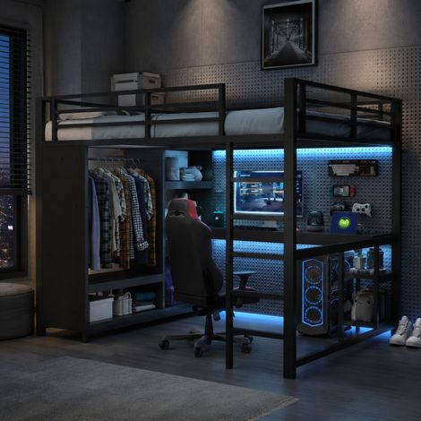 Hochbett 160x200 cm Schwarz aus Metall mit Schreibtisch, LED, offenem Kleiderschrank und Ablagefächern (1/5)