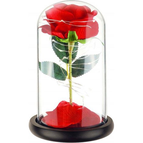 Die Schöne und das Biest Rose, Rosen-Set, Rote Seidenrose mit 10 LED-Lichtern unter einer Glaskuppel auf einem Holzsockel für Verliebte, Hochzeiten, Jubiläen, (Rot)