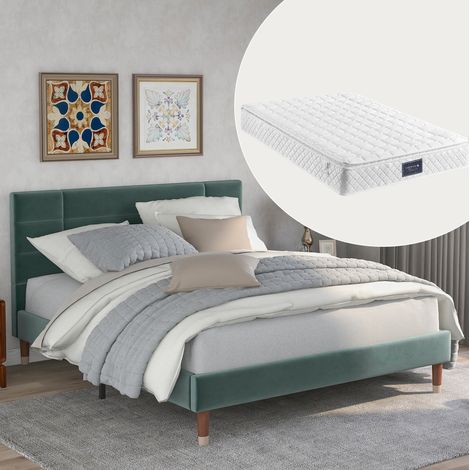 CHICFURN Cama doble 140x200 cm de terciopelo verde con somier de láminas, sin colchón (1/5)