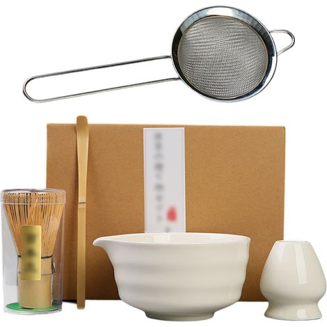 Coffret Matcha Vert Jade 5 Pièces pour les amateurs de matcha : bol à matcha avec bec verseur, fouet et support, cuillère à matcha en bambou et tamis en inox...