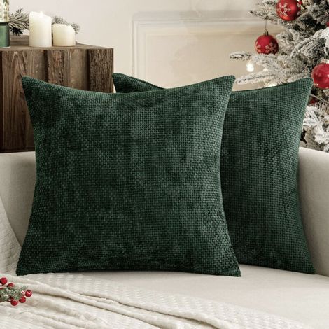 Housse de coussin de canapé vert foncé 45 x 45 cm, lot de 2, en chenille épaisse tricotée à l'aiguille, idéale pour la chambre à coucher ou le salon (1/5)