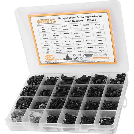 Lot de 1220 vis à tête cylindrique six pans creux écrou rondelle acier carbone noir M2 M3 M4 M5 assortment Din912 (1/5)