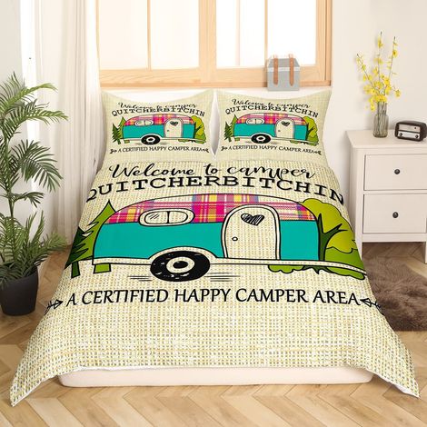 Parure de Lit Camper, Cabine Vintage Housse de Couette 220 x 240 cm pour Enfants Filles Camping Cartoon Camp Voyage Voiture Décoration Style Maison de Campagne Rustique (1/5)