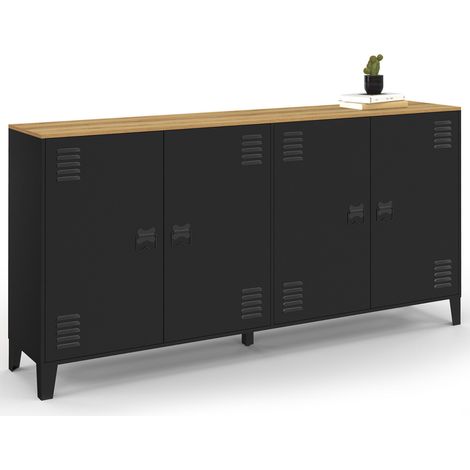 Idmarket – Buffet industriel 160 cm 4 portes en métal noir – Plateau bois façon hêtre – Rangement modulable avec étagères ajustables – Design moderne