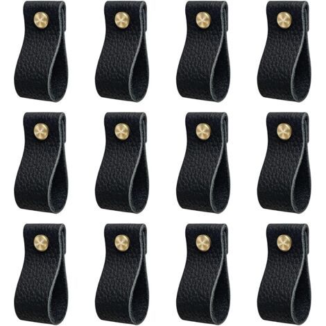 Poignee de meuble cuisine, lot de 12 poignée meuble en cuir, poignée de porte avec écrous vis, anti-collision bouton de porte de armoire tiroir commodes, Beau cadeau, noir (1/5)