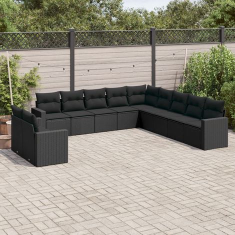 11-tlg. Garten-Sofagarnitur mit Kissen Schwarz Poly Rattan (1/3)