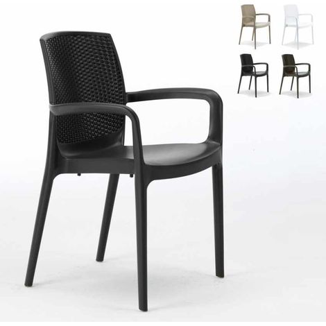 Grand Soleil – Fauteuil de jardin empilable en poly-rotin noir – Structure robuste – Dimensions 55 x 59 x 84 cm – Pour cafés et piscines privées