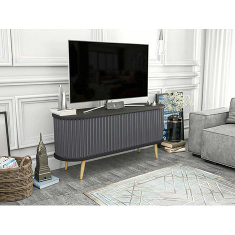 Dmora - Mobile porta TV Aludra, Credenza da soggiorno, Armadio basso per TV, Base parete attrezzata, 140x43h64 cm, Nero e Antracite, con imballo rinforzato, con imballo rinforzato (1/5)
