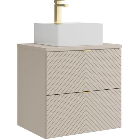 Meuble de salle de bain suspendu avec vasque à poser carrée et robinet - Beige - 60 cm - DORIONI (1/5)