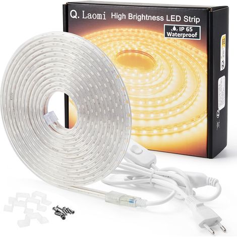 Ruban LED 5 Mètres avec Interrupteur 220V 230V Bande LED IP65 étanche Bandeau LED, Blanc Chaud (1/5)