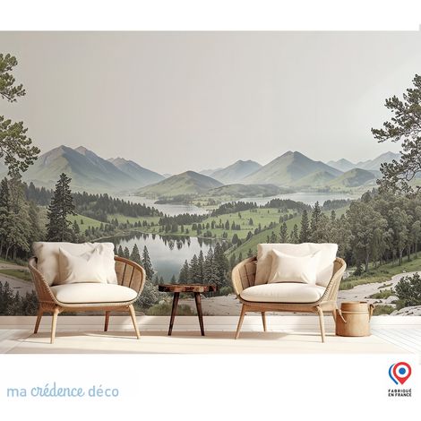 Papier peint : Paysage, Forêt, lac et montagnes lointaines - Intissé - L.300 x H.280 cm (1/5)