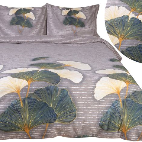 Bettwäsche-Set 180x200 cm, Baumwollflanell mit flauschigem Muster, dunkelgrau mit Blättermuster (1/5)