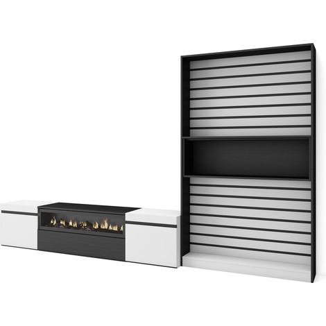 Skraut Home – Ensemble meuble TV moderne avec cheminée électrique – Dimensions 310x35x186cm – Pour TV jusqu'à 80" – Noir et blanc (1/5)