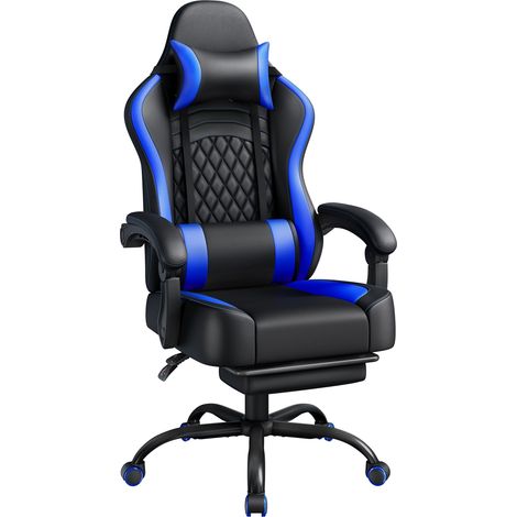 Yaheetech Fauteuil Gaming Pivotant Ergonomique, Chaise d'ordinateur Inclinable avec Coussin Lombaire, Massant Têtière Amovible Repose-Pieds Coulissant, Assise Réglable en Hauteur, Noir/Blanc (1/5)