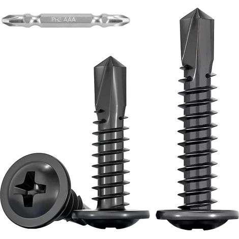 100 Pièces Vis Autoforeuse Metal Noir,M4,8x19mm Vis à Tôle Autotaraudese et Autoperceuse Autoperforante Inox 410 Cruciforme Tête Ronde Large Bombé avec 1 Bits pour Aluminium Bois Plastique. (1/5)