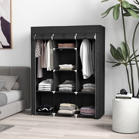 Stoffschrank schwarz mit 8 Ablagen und 2 Kleiderstangen, 125 x 43 x 162,5 cm