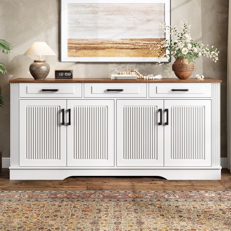 Buffet bas 160x40x75cm avec 4 portes rainurées 3D Meuble de cuisine avec 3 tiroirs-étagères fixes-charnières Métal-MDF Blanc (1/5)