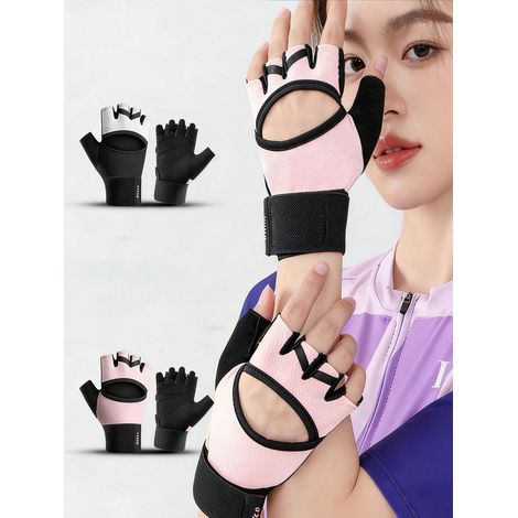 Gants de gym ergonomiques avec soutien de poignet prolongé, demi-doigts respirants, pour haltérophilie, 1 paire, rose, taille M (1/4)