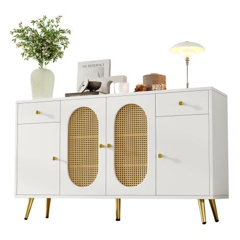 Sideboard mit 4 Türen und 2 Schubladen – B 140 x T 35 x H 82 cm – Spanplatte – Verstellbare Einlegeböden – Weiß + Natur