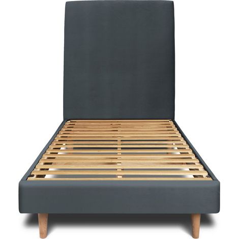 Lit 90x200cm avec tête de lit tapissier velours et sommier kit gris anthracite - Hauteur totale : 29cm (1/5)