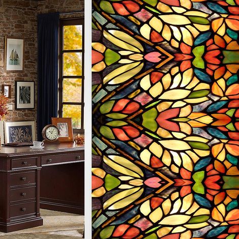 Film adhésif pour vitres effet vitrail, protection UV, motif fleurs colorées - 45 x 100 cm