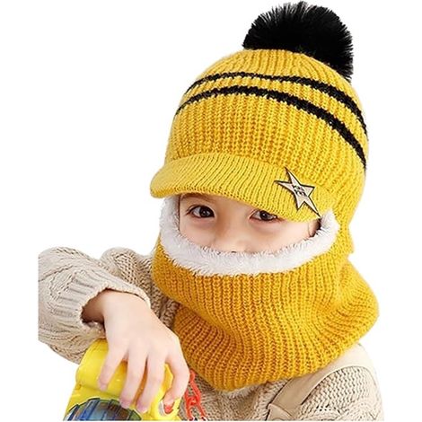 ABYSSE-Cagoule enfant, ensemble 2 en 1, bonnet et écharpe d'hiver chauds et coupe-vent, convient aux tout-petits et aux garçons, capuche douce avec pompons, jaune. (1/5)