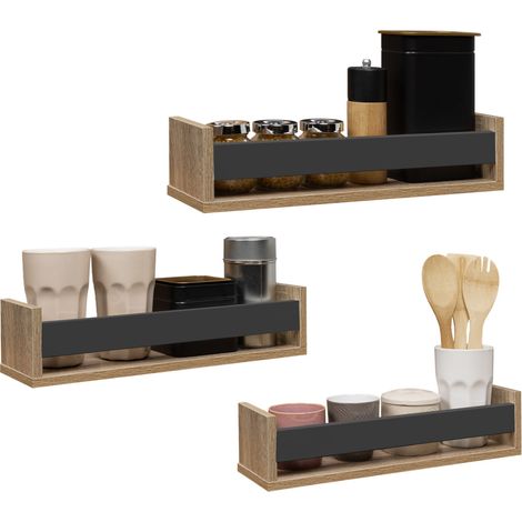 Idmarket – Lot de 3 étagères murales à épices – Longueur 41 cm x largeur 12 cm x hauteur 10 cm – Finition hêtre et noir – Montage facile