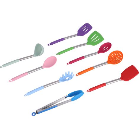 Ensemble de 15 ustensiles de cuisine en silicone avec manche en acier inoxydable (seau rose, ustensiles de cuisine colorés) (1/5)