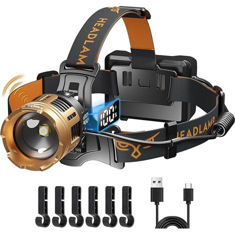 Linterna frontal LED ultra potente LEKIA, linterna frontal recargable para camping de 100000 lúmenes con sensor de movimiento, 7 modos de zoom, ángulo de haz ajustable de 90°, batería de 9000 mAh, lám (1/5)