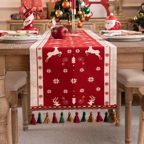 Camino de mesa navideño, mantel de algodón con borlas, ideal para el invierno (35 x 180 cm) (1/5)