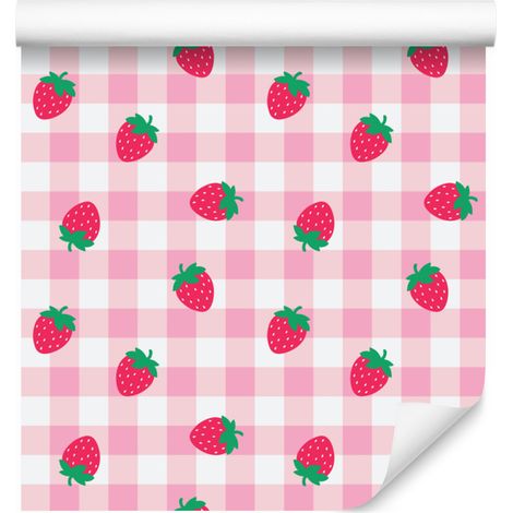 Papier peint fraises et marguerites, rose poudré, fond rose poudré, 50 x 1000 cm (1/4)
